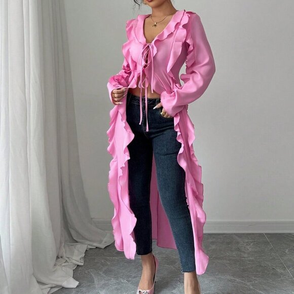 Tops - Pink Casual Women's Elegant Long Sleeve Ruffle Blouse